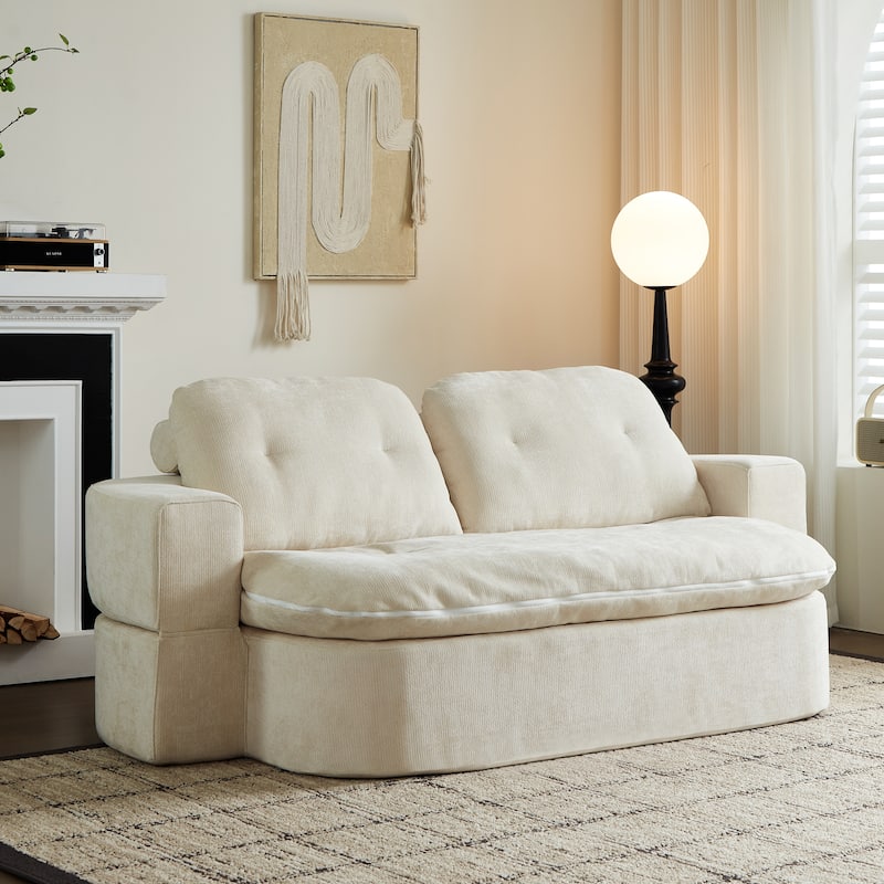 Modern Floor Sofa With 2 Pillows,Convertible Corduroy Fabric Foam-Filled Sleeper Sofa Bed - Cream