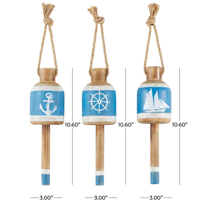Blue Wood Anchor, Sailboat, and Ship Wheel Buoy Home Wall Decor with Hanging Rope (Set of 3)