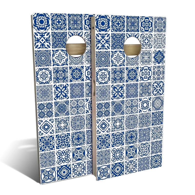 Blue Tile Outdoor Cornhole Board Set - Backyard 2x4 - Include Case + Hole Lights