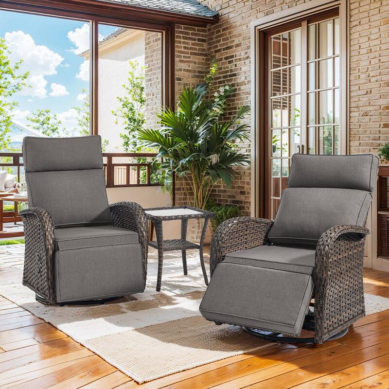 Pocassy Lounge Chair Swivel Reclining Chair with Adjustable Backrest - Gray Cushion - Browm Wicker - 3-Piece Recliner Swivel Chair with Side Table