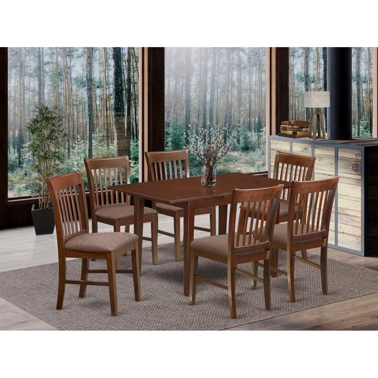 Antique Dining Room Set - 7 Piece Table & Chair Set - Rectangle Wood Table with Leaf & Linen Chairs