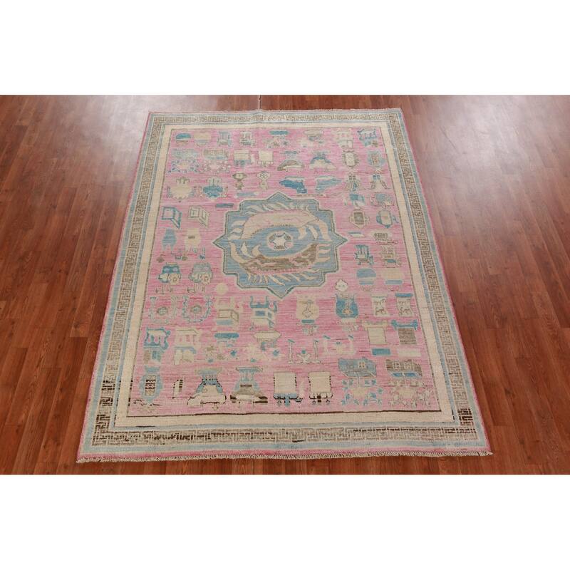 Hand Knotted Oriental 100% Wool Carpet Transitional Geometric Pink Oushak Area Rug - 7' 0'' X 5' 4''