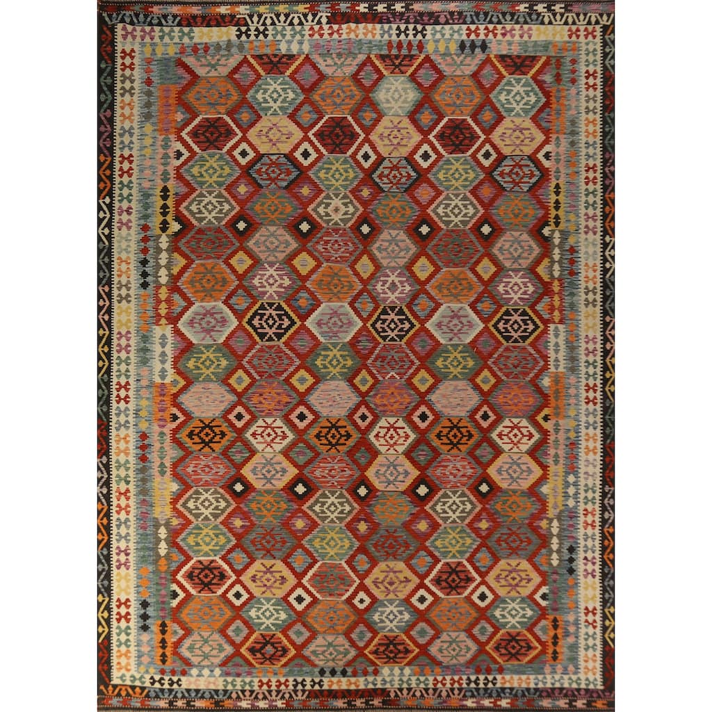 Geometric Kilim Oriental Area Rug Reversible Flatweave Wool Carpet - 10'3"x 13'0"