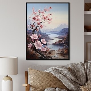 Designart "Japan Pink Cherry Blossom Hill Landscape I" Flowers Framed ...
