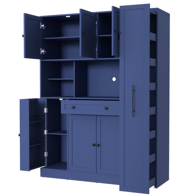 Roomfitters Large Kitchen Pantry Cabinet with Pull-Out Side Storage and Hutch, Shaker Style Buffet