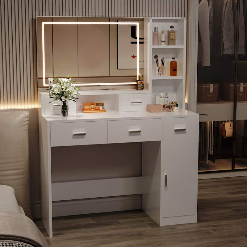 Dressing Table With Led Mirror And Power Outlet,With Drawers,Storage Box And Shelf,Dressing Table With Bedroom Cushioned Stool