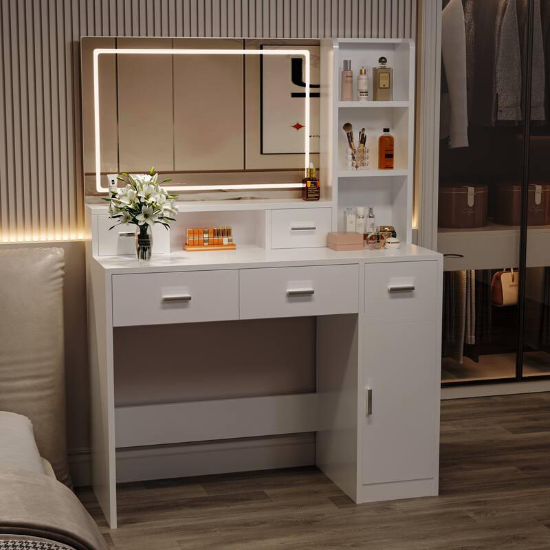 LED Vanity Desk with Mirror Wooden Dresser and Upholstered Stool Set Makeup Vanity Table with Storage Drawers