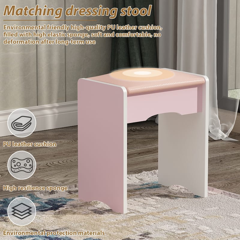 Makeup Vanity Set Dresser w/Mirror Stool 5 Drawers - White/Pink/Black - 31.5"L x 15.7"W x 52"H