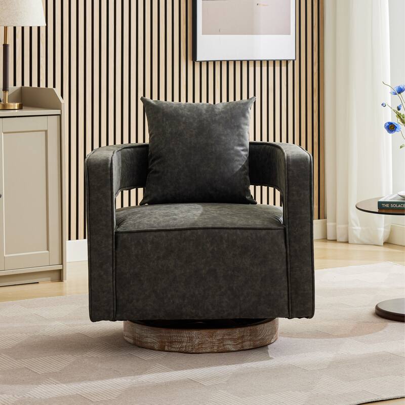Modern Swivel Chair,PU leather Barrel Chair with Wooden Base and pillow