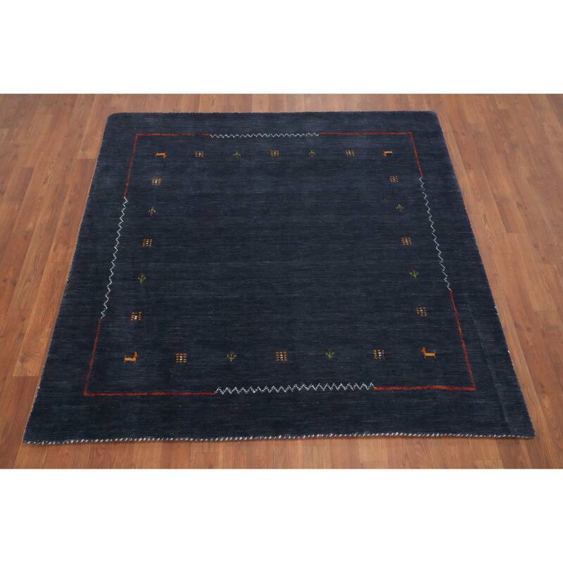 Hand Knotted Oriental 100% Wool Carpet Tribal Animal Pictorial Navy Blue & Blues Gabbeh Area Rug - 4' 11'' X 5' 0''