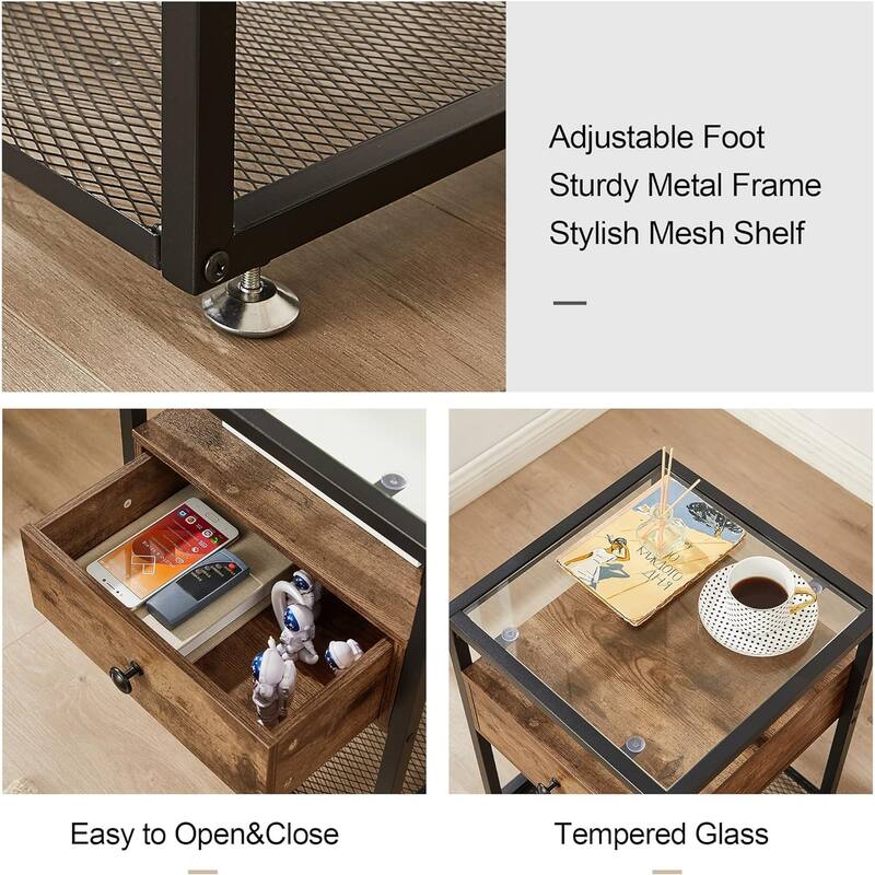 VECELO Modern Square Nightstands Set of 2 with Tempered Glass Top