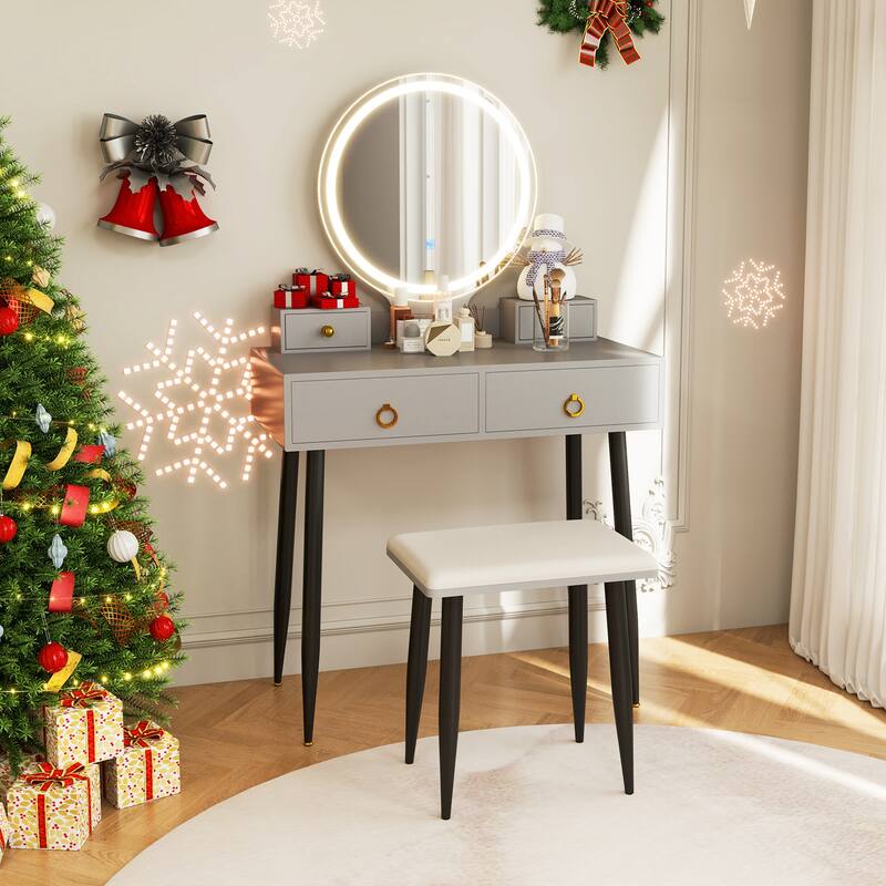 Costway Vanity Makeup Dressing Table Stool Set 3-Color Lighted Mirror - See Details - Grey