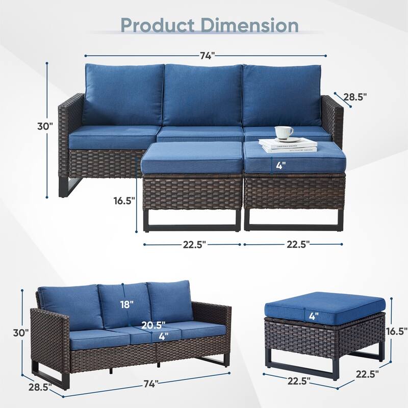 3 Pieces Patio Sofa with Ottoman Furniture