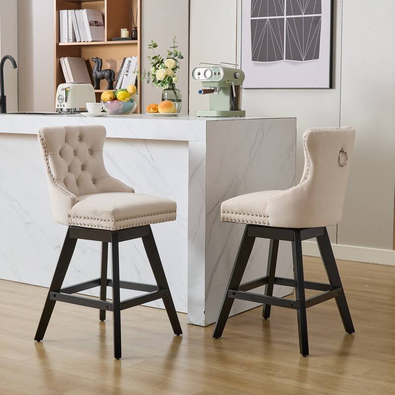 Swivel Bar Stools Set of 2, Velvet Counter Height Barstools with Wooden Legs, Kitchen Island Chairs with Button Backrest