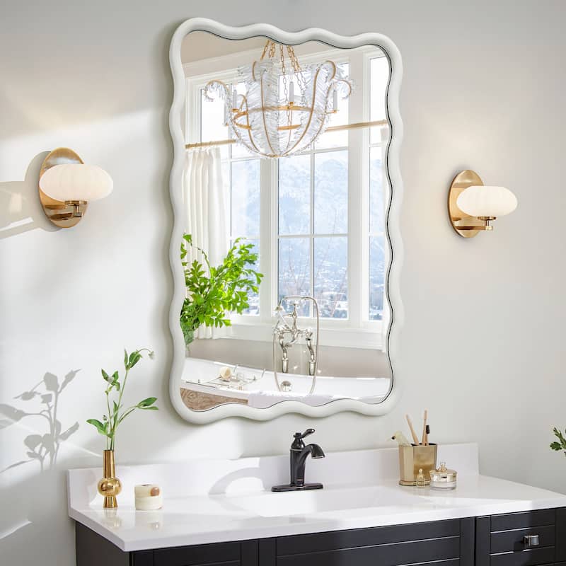 Scalloped Wood Frame Rectangle Wavy Wall Mirror