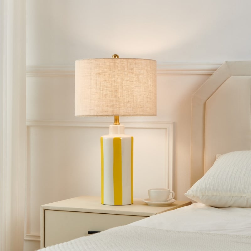 KAWOTI Modern White with Yellow Stripe Ceramic Table Lamp - D14" * H26"