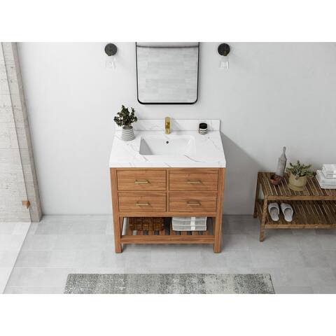 Willow Collections 36 x 22 Parker Solid Teak Wood Single Sink Bathroom Vanity with Quartz or Marble Countertop