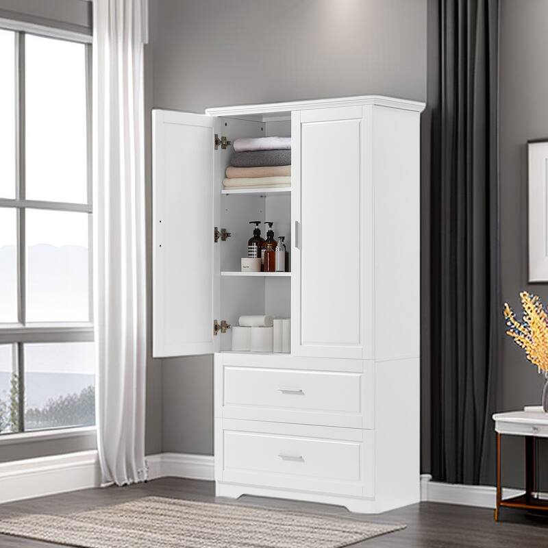 Bathroom Storage Cabinet Tall Floor Storage Cabinet with Two Doors and Drawers, Adjustable Shelf