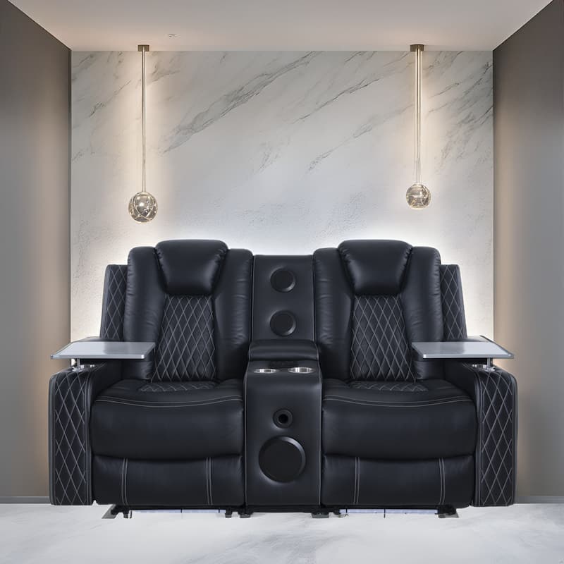 Premium Air Leather Home Theater Loveseat with LED Lights, Recliner with Built-in Speakers & Wireless Charging - Black/ Loveseat