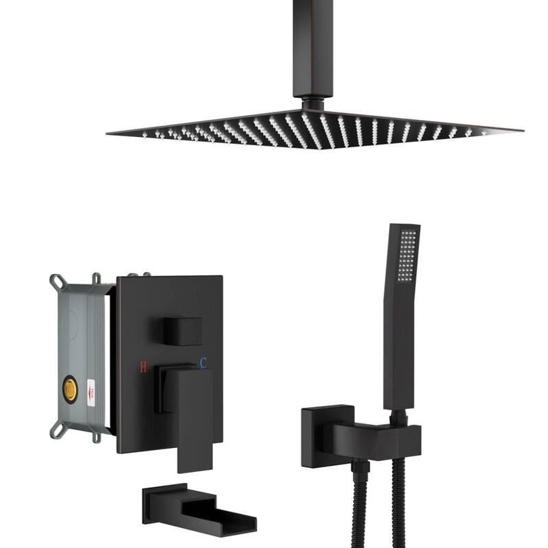 Lordear 16" Rain Mixer Shower System with Ceiling-Mounted Rainfall Shower Head and Square Rain Shower Head - Oil Rubbed Bronze