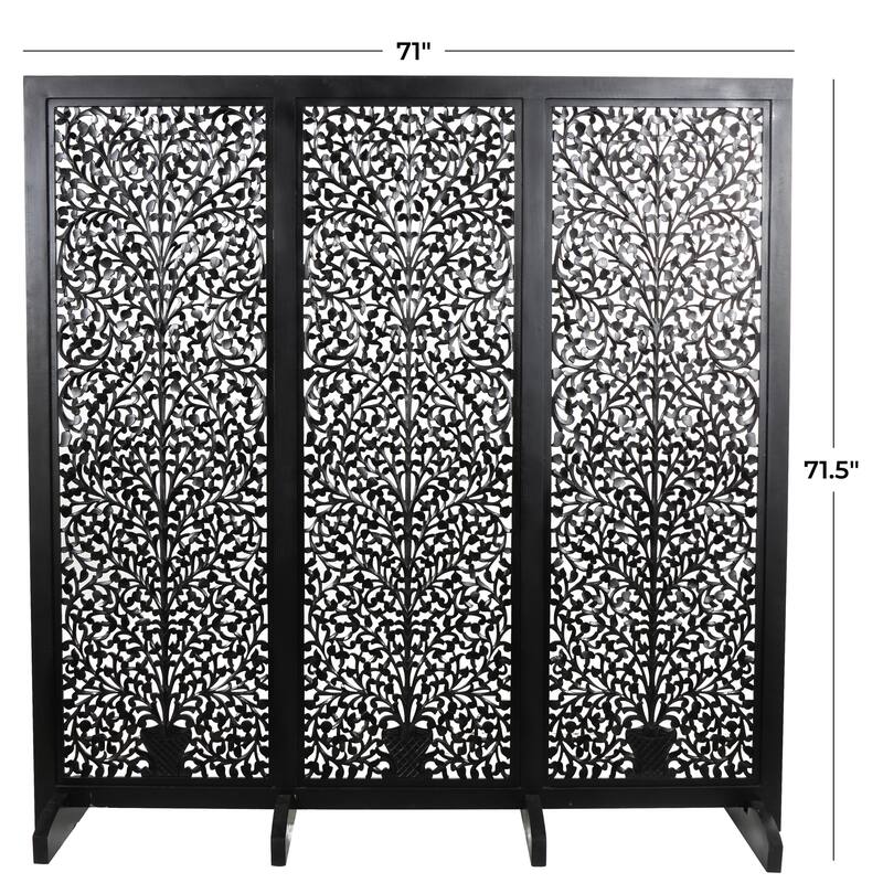 Wooden Floral Handmade Large Flat Freestanding Carved Room Divider Screen - Black - Roche River Decor