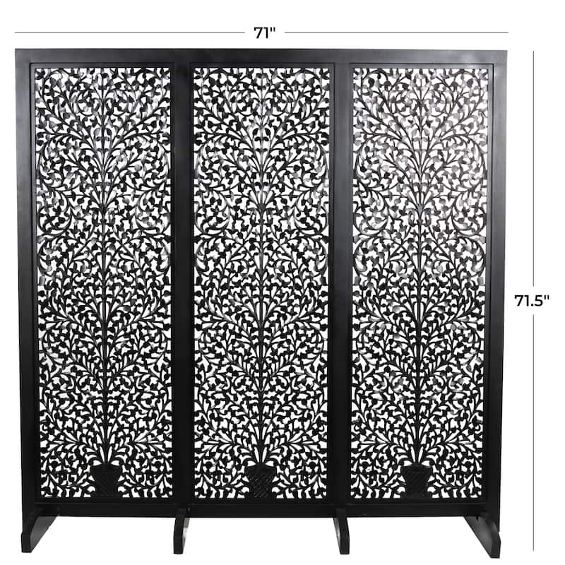 Wooden Floral Partition or Freestanding Carved Partition Room Divider Screen with 4 Feet - Black or White- Roche River Décor