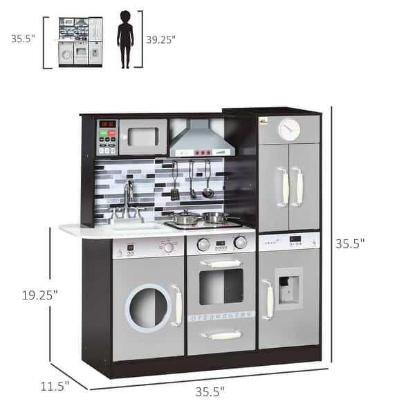 Qaba Wooden Play Kitchen with Lights Sounds, Kids Kitchen Playset with Washing Machine, Water Dispenser, Microwave, Range Hood