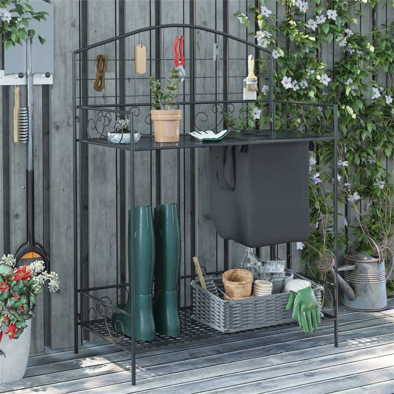 Folding Garden Potting Bench with Shelves, Hooks & Workstation - 33.5" L x 17" W x 47.25" H - Black