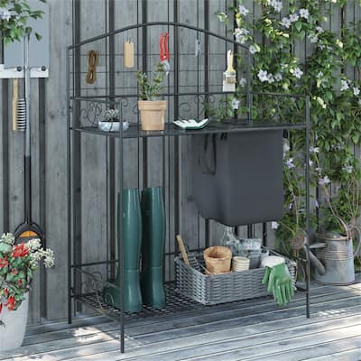 Folding Garden Potting Bench with Shelves, Hooks & Workstation - 33.5" L x 17" W x 47.25" H