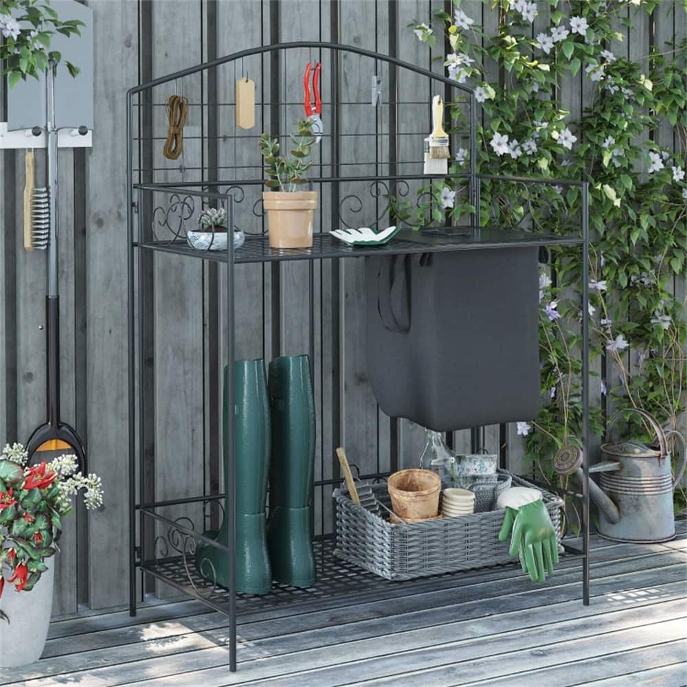 Folding Garden Potting Bench with Shelves, Hooks & Workstation - 33.5" L x 17" W x 47.25" H