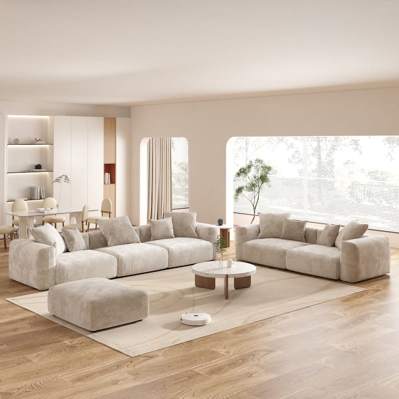 Large Corduroy Fabrics Upholstery Modular Sectional Sofa Set for Living Room - Beige