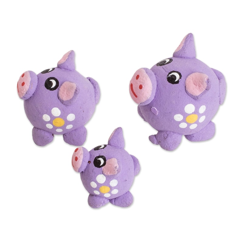 Novica Handmade Purple Pig Family Ceramic Figurines (Set Of 3)