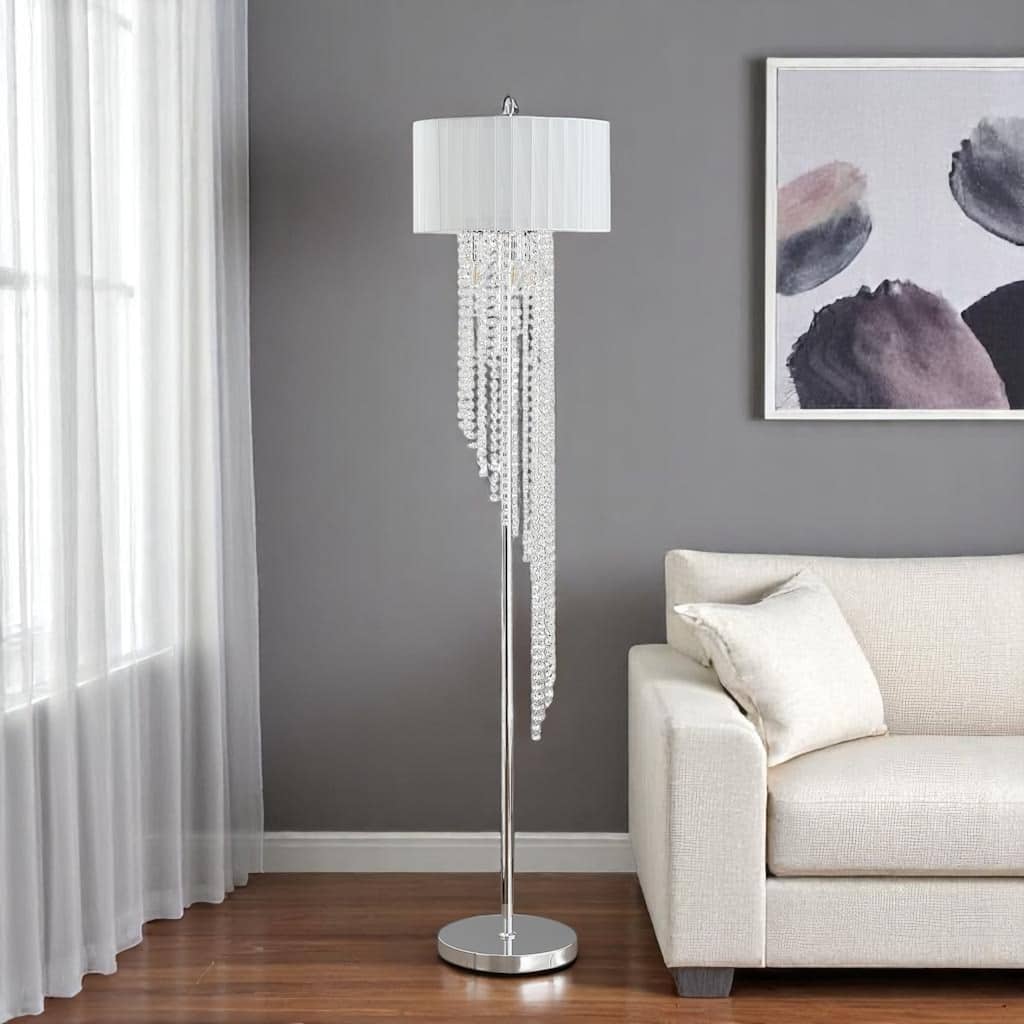 HomeRoots 66" Clear And Silver Crystal And Metal Floor Lamp With White Linen Drum Shade