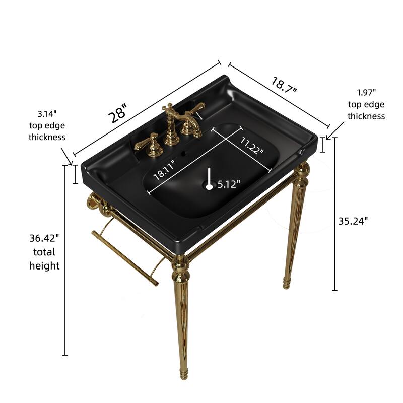 Wall-Mounted Ceramic Vanity Basin with Pre-drilled Faucet Holes, Freestanding Stainless Steel Support Legs with Towel Bar