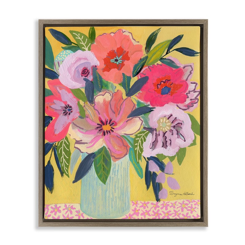 Stupell Vibrant Pink Bouquet on Yellow Framed Floater Canvas Wall Art Design By Suzanne Allard - 25 x 31 - Brown