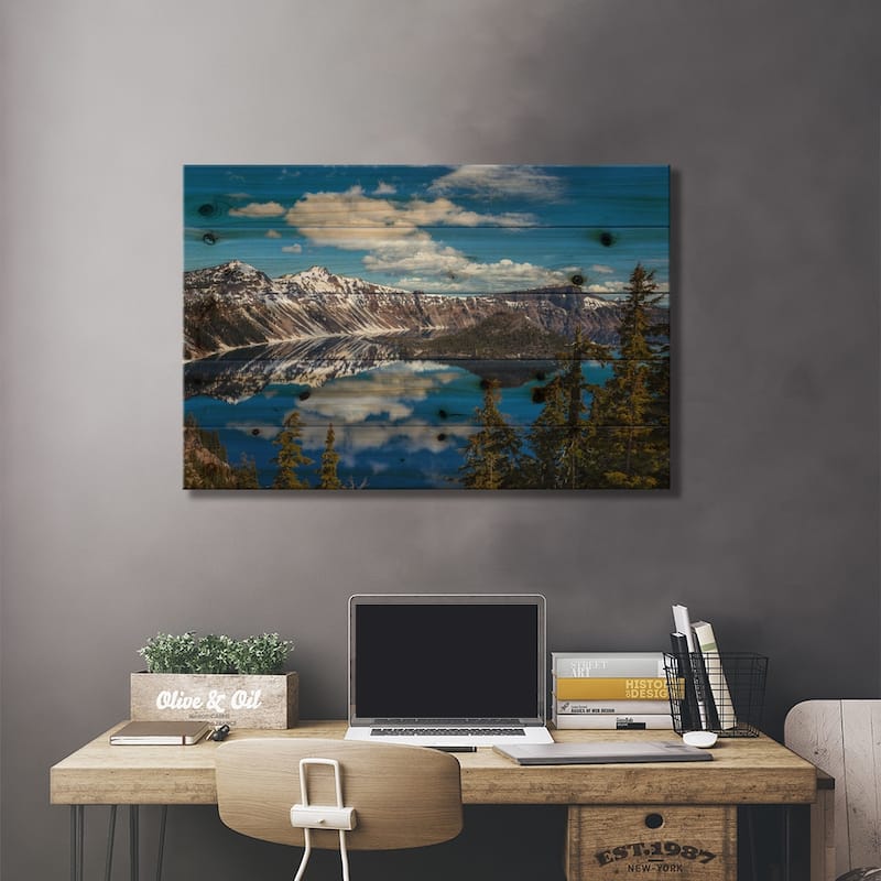 Crater Lake Print On Wood by Sergio Lanza - Multi-Color