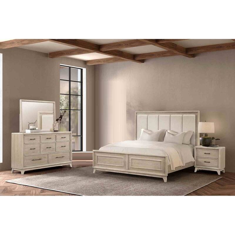 Transitional Oak Finish 4Pc Bedroom Furniture Set - Padded Headboard Bed