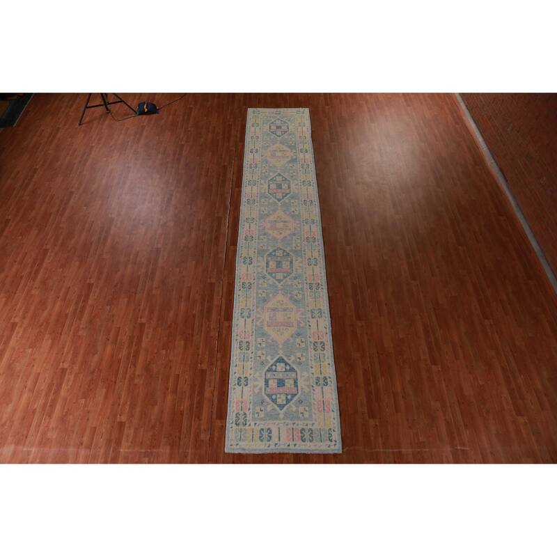 Hand Knotted Oriental 100% Wool Carpet Transitional Geometric Navy Blue & Blues Oushak Runner Rug - 17' 0'' X 3' 3''