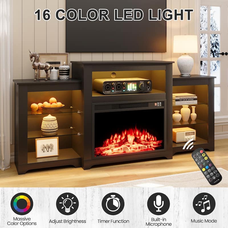 32" H Fireplace TV Stand, 55/70 Inch Media Console for TVs up to 80", Remote, Storage & LED Lights