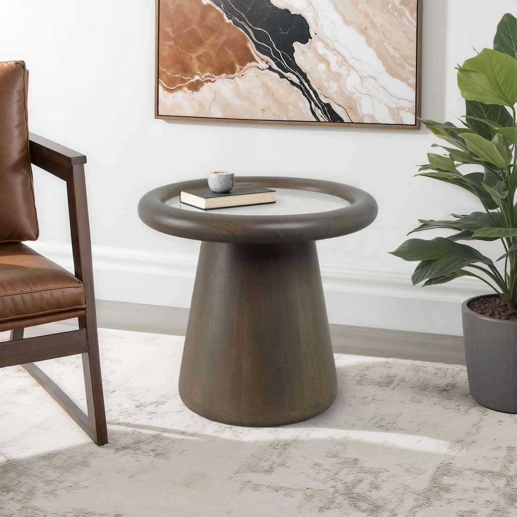 Mango Wood Marble Accent Table Round Drum Base Sculptural Design