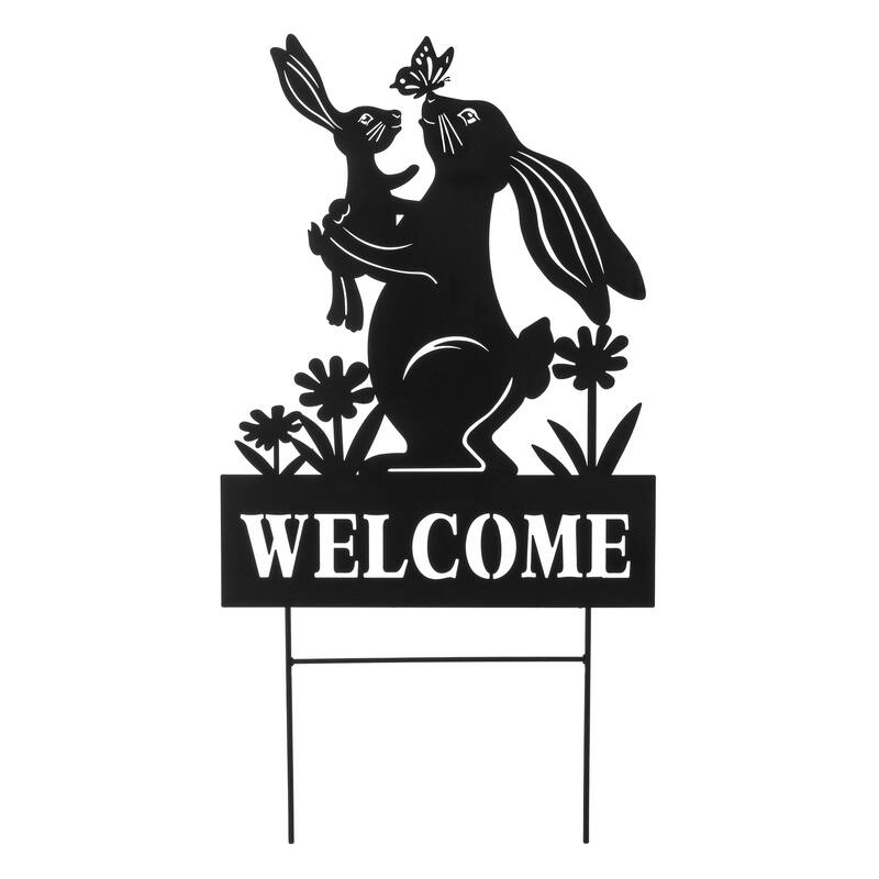 Glitzhome 30"H Multi-functional Metal Rabbit Flower Fairy Silhouette with Welcome Sign Garden Yardstake Wall Decor