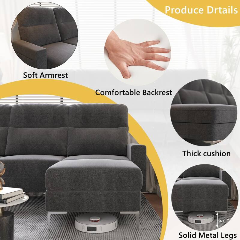 Furniwell U-Shaped Sofa with Upholstered Stool Convertible Combination Linen Sofa,Dark Grey