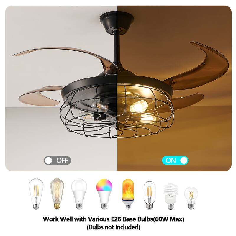 48" Black Ceiling Fan with Light - Remote - 4 Blades - Industrial(Bulb Not Included）
