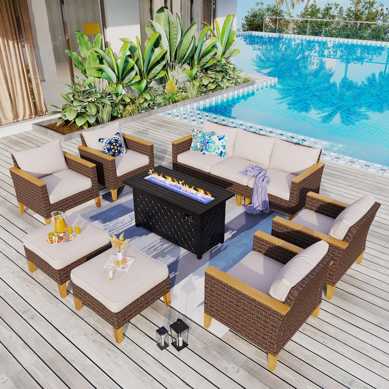8-Piece Patio Outdoor Wicker Sectional Sofa Set, Large Seating Furniture Conversation Sets with Fire Pit Table