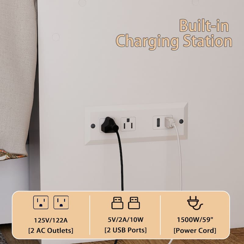 Murphy Bed Cabinet with Charging Port and Storage Drawer, White