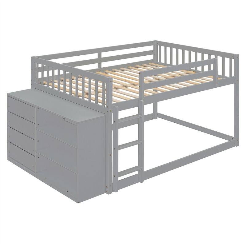Twin Over Twin/Full Over Full Floor Bunk Bed with Drawers and 3 Storage Shelves, Solid Wood Low Bunk Bed Frame with Ladder