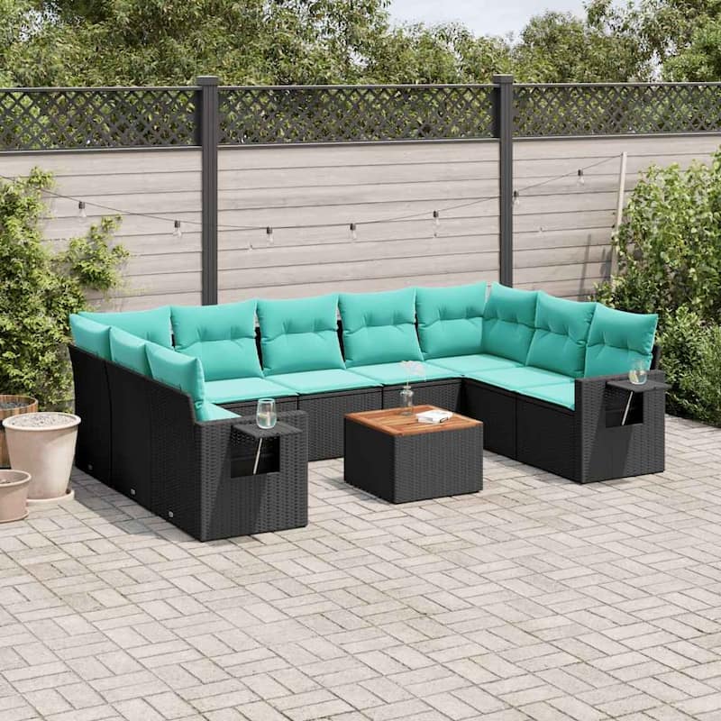 vidaXL 10 Piece Patio Sofa Set with Cushions Black Poly Rattan - 24.4" x 24.4" x 27.2" - Black  - form1