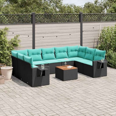 vidaXL 10 Piece Patio Sofa Set with Cushions Black Poly Rattan - 24.4" x 24.4" x 27.2"