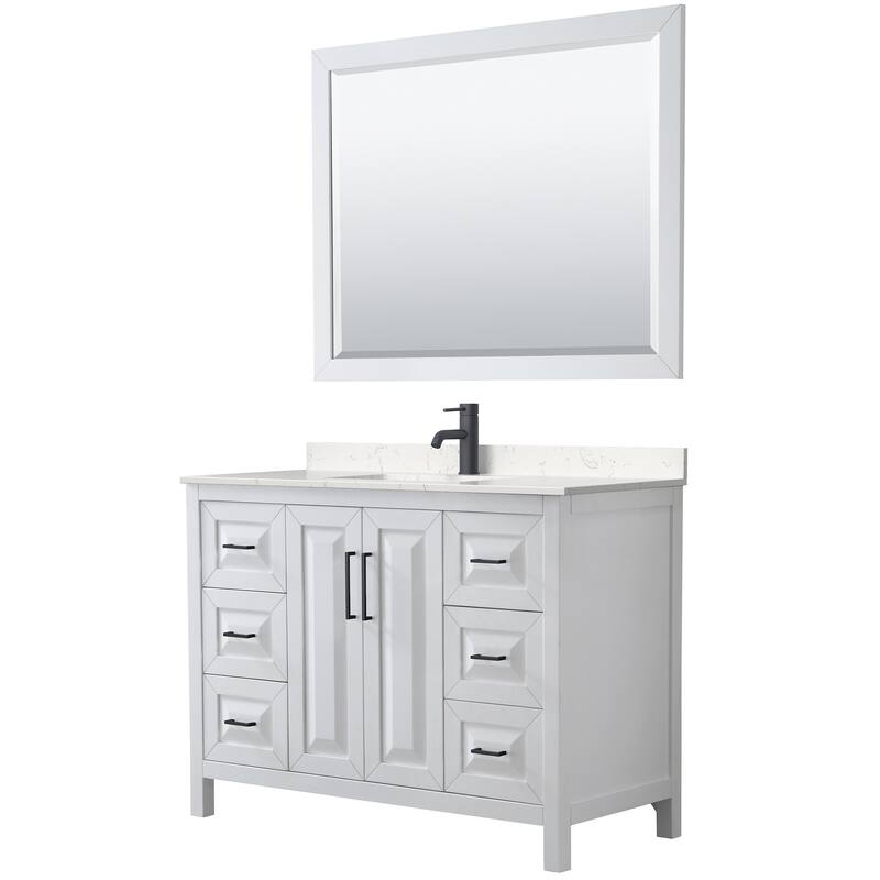 Daria 48 Inch Single Vanity, Cultured Marble Top, 46 Inch Mirror - White, Black Trim, Carrara Cultured Marble Top