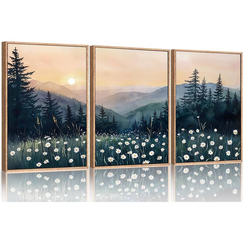 Misty Pine Tree Wall Decor, Nature Mountain Flower Wall Painting - 16 x 24
